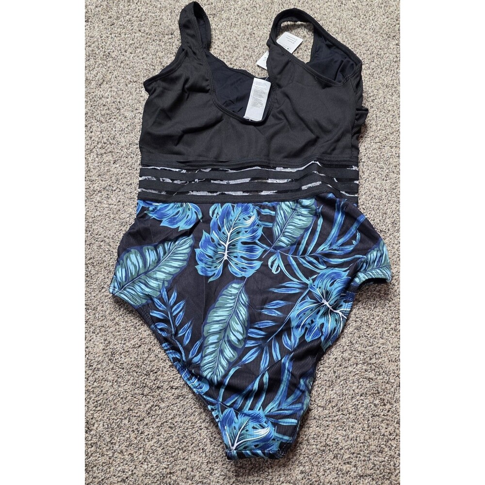 NWT Cupshe One Piece Swimsuit Size Medium Black Tropical Mesh Activewear